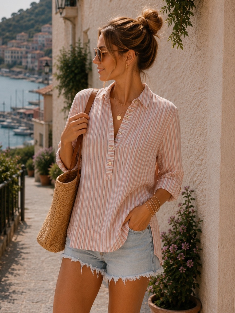 J.Jill Love Linen Striped Linen Tunic Top XS Pink White Coastal 3/4 sleeve